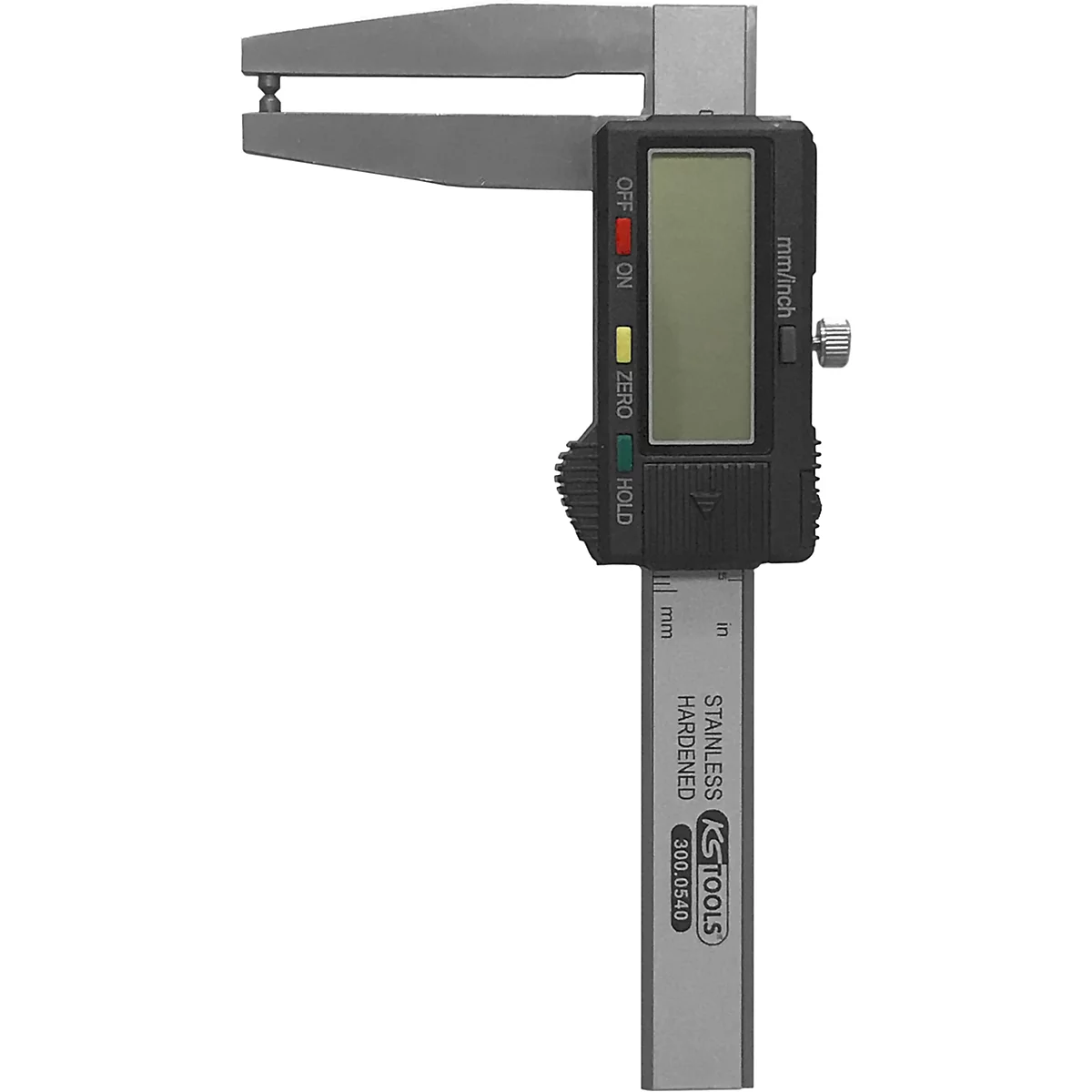 Digitale Messschieber, aus Edelstahl. Mit LCD-Anzeige und den Funktionen Ein/Aus, Null, Hold.